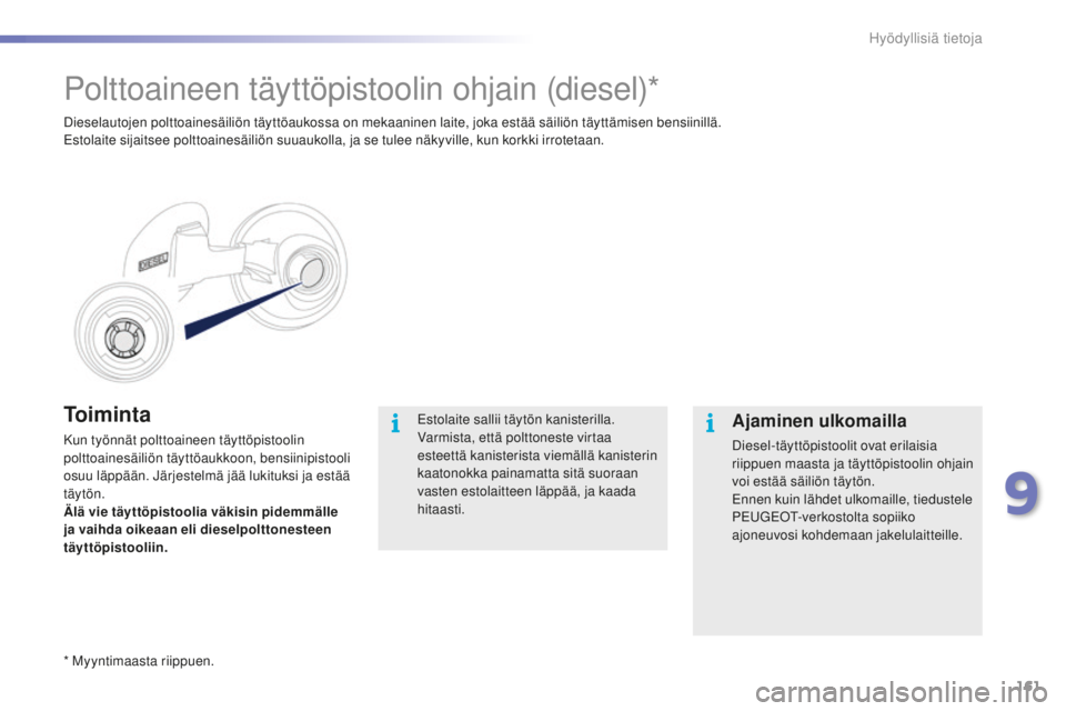 PEUGEOT 2008 2015  Omistajan Käsikirja (in Finnish) 161
2008_fi_Chap09_info-pratiques_ed01-2015
To i m i n t a
Kun työnnät polttoaineen täyttöpistoolin 
polttoainesäiliön täyttöaukkoon, bensiinipistooli 
osuu läppään. Järjestelmä jää luk