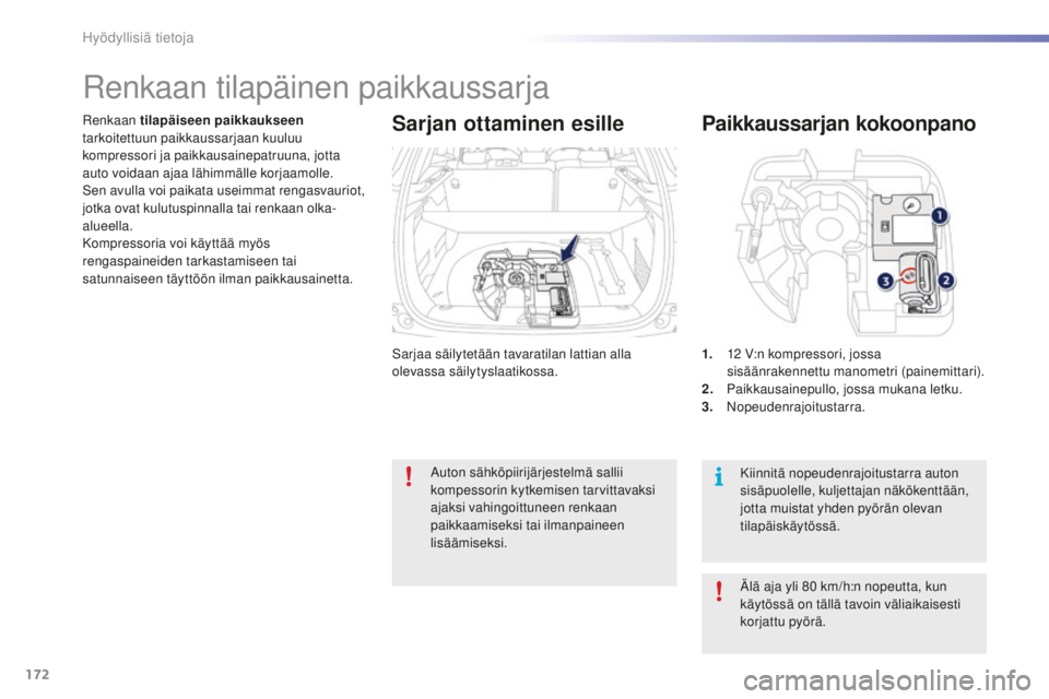 PEUGEOT 2008 2015  Omistajan Käsikirja (in Finnish) 172
2008_fi_Chap09_info-pratiques_ed01-2015
Sarjaa säilytetään tavaratilan lattian alla 
olevassa säilytyslaatikossa.
Renkaan tilapäiseen paikkaukseen
 
tarkoitettuun paikkaussarjaan kuuluu 
komp