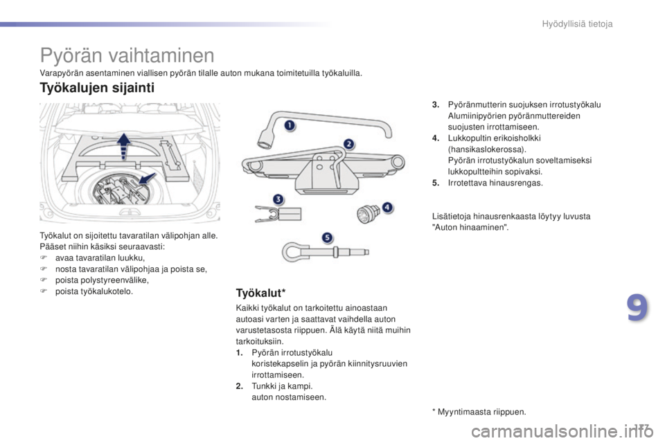 PEUGEOT 2008 2015  Omistajan Käsikirja (in Finnish) 177
2008_fi_Chap09_info-pratiques_ed01-2015
Pyörän vaihtaminen
Työkalut on sijoitettu tavaratilan välipohjan alle.
Pääset niihin käsiksi seuraavasti:
F 
a
 vaa tavaratilan luukku,
F
 
n
 osta t
