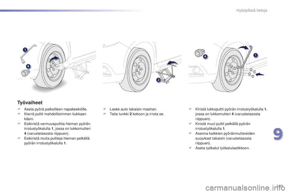 PEUGEOT 2008 2015 Omistajan Käsikirja (in Finnish) 183
2008_fi_Chap09_info-pratiques_ed01-2015
Ty ö v a i h e e t
F Aseta pyörä paikoilleen napakeskiölle.
F K ierrä pultit mahdollisimman tiukkaan
käsin.
F
E
sikiristä varmuuspulttia hieman p PEUGEOT 2008 2015 Omistajan Käsikirja (in Finnish) 183
2008_fi_Chap09_info-pratiques_ed01-2015
Ty ö v a i h e e t
F Aseta pyörä paikoilleen napakeskiölle.
F K ierrä pultit mahdollisimman tiukkaan
käsin.
F
E
sikiristä varmuuspulttia hieman p
