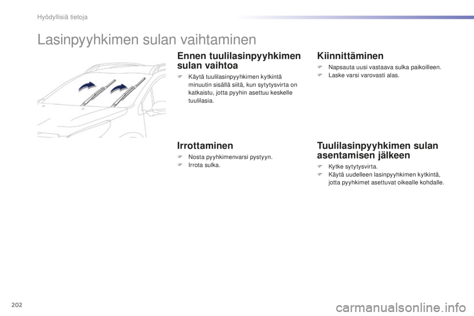 PEUGEOT 2008 2015 Omistajan Käsikirja (in Finnish) 202
2008_fi_Chap09_info-pratiques_ed01-2015
Lasinpyyhkimen sulan vaihtaminen
Ennen tuulilasinpyyhkimen
sulan vaihtoa
F Käytä tuulilasinpyyhkimen kytkintä minuutin sisällä siitä, kun sytytysvirt PEUGEOT 2008 2015 Omistajan Käsikirja (in Finnish) 202
2008_fi_Chap09_info-pratiques_ed01-2015
Lasinpyyhkimen sulan vaihtaminen
Ennen tuulilasinpyyhkimen
sulan vaihtoa
F Käytä tuulilasinpyyhkimen kytkintä minuutin sisällä siitä, kun sytytysvirt