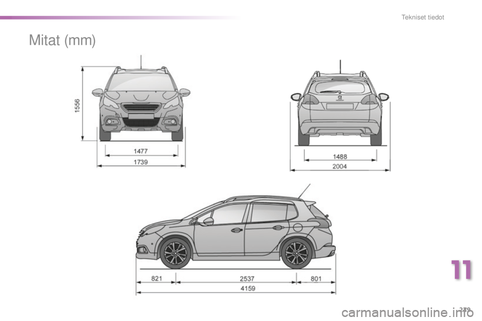 PEUGEOT 2008 2015 Omistajan Käsikirja (in Finnish) 229
2008_fi_Chap11_caracteristiques-techniques_ed01-2015
M i t at (m m)
11
Tekniset tiedot PEUGEOT 2008 2015 Omistajan Käsikirja (in Finnish) 229
2008_fi_Chap11_caracteristiques-techniques_ed01-2015
M i t at (m m)
11
Tekniset tiedot