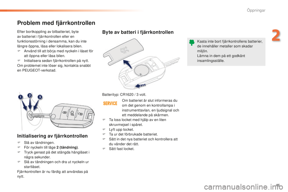 PEUGEOT 2008 2015  Bruksanvisningar (in Swedish) 45
2008_sv_Chap02_ouvertures_ed01-2015
Byte av batteri i fjärrkontrollen
Batterityp: CR1620 / 3 volt.K asta inte bort fjärrkontrollens batterier, 
de innehåller metaller som skadar 
miljön.
Lämna
