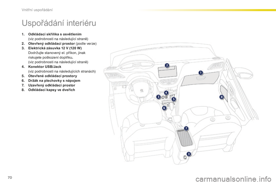 PEUGEOT 2008 2015  Návod na použití (in Czech) 70
2008_cs_Chap04_amenagements_ed01-2015
Uspořádání interiéru
1. Odkládací skříňka s osvětlením  (viz podrobnosti na následující straně)
2.
 O

tevřený odkládací prostor (podle ver