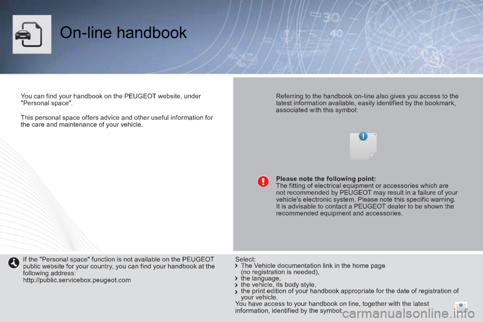 PEUGEOT 2008 2014  Owners Manual    This personal space offers advice and other useful information for the care and maintenance of your vehicle.   
 On-line  handbook  
  You can find your handbook on the PEUGEOT website, under "Pers