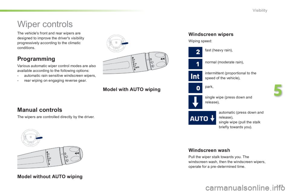 PEUGEOT 2008 2014 Owners Manual 117
5
Visibility
Windscreen wash
Pull the wiper stalk towards you. The
windscreen wash, then the windscreen wipers, operate for a pre-determined time.
Wiper controls
Programming
Va PEUGEOT 2008 2014 Owners Manual 117
5
Visibility
Windscreen wash
Pull the wiper stalk towards you. The
windscreen wash, then the windscreen wipers, operate for a pre-determined time.
Wiper controls
Programming
Va