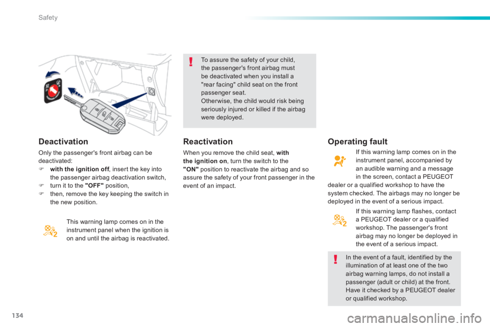 PEUGEOT 2008 2014  Owners Manual 134
Safety
  Deactivation 
  This warning lamp comes on in the instrument panel when the ignition is on and until the airbag is reactivated.  
  To assure the safety of your child, the passengers fro