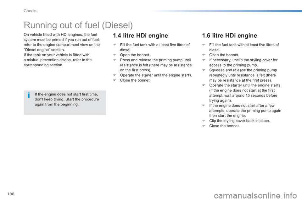 PEUGEOT 2008 2014 Owners Manual 198
Checks
On vehicle fitted with HDi engines, the fuel system must be primed if you run out of fuel; refer to the engine compartment view on the "Diesel engine" section. If the tank on your vehicl PEUGEOT 2008 2014 Owners Manual 198
Checks
On vehicle fitted with HDi engines, the fuel system must be primed if you run out of fuel; refer to the engine compartment view on the "Diesel engine" section. If the tank on your vehicl