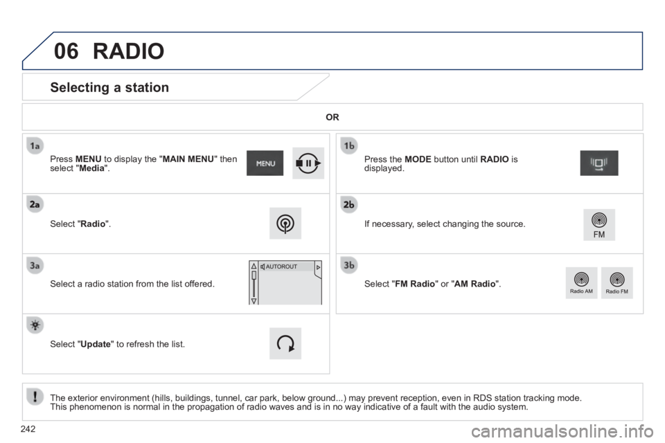 PEUGEOT 2008 2014  Owners Manual 06
        Selecting  a  station  
  The exterior environment (hills, buildings, tunnel, car park, below gro\
und...) may prevent reception, even in RDS station tracking mode. This phenomenon is norma