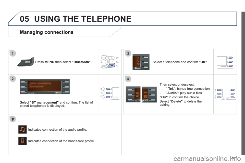 PEUGEOT 2008 2014 Owners Manual 05
291
USING THE TELEPHONE
Press MENU then select "Bluetooth" .
Select "BT management" and confi rm. The list of paired telephones is displayed.
Indicates connection of the audio PEUGEOT 2008 2014 Owners Manual 05
291
USING THE TELEPHONE
Press MENU then select "Bluetooth" .
Select "BT management" and confi rm. The list of paired telephones is displayed.
Indicates connection of the audio