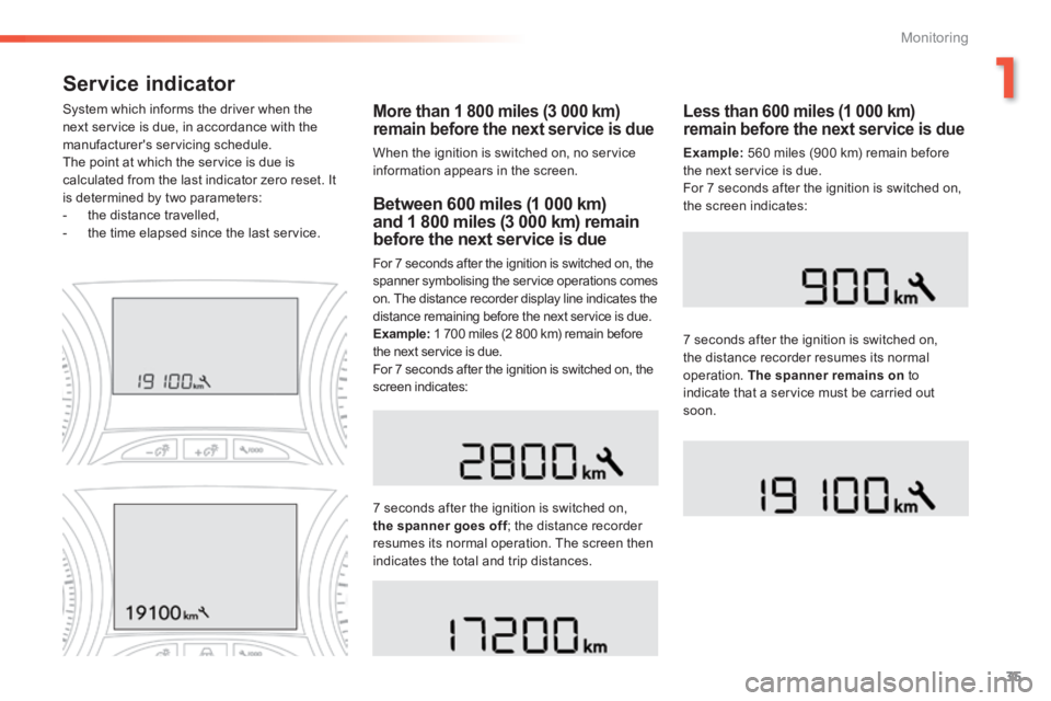 PEUGEOT 2008 2014 Owners Guide 1
35
Monitoring
Service indicator 
More than 1 800 miles (3 000 km) remain before the next service is due 
 When the ignition is switched on, no service information appears in the screen.  
  System w