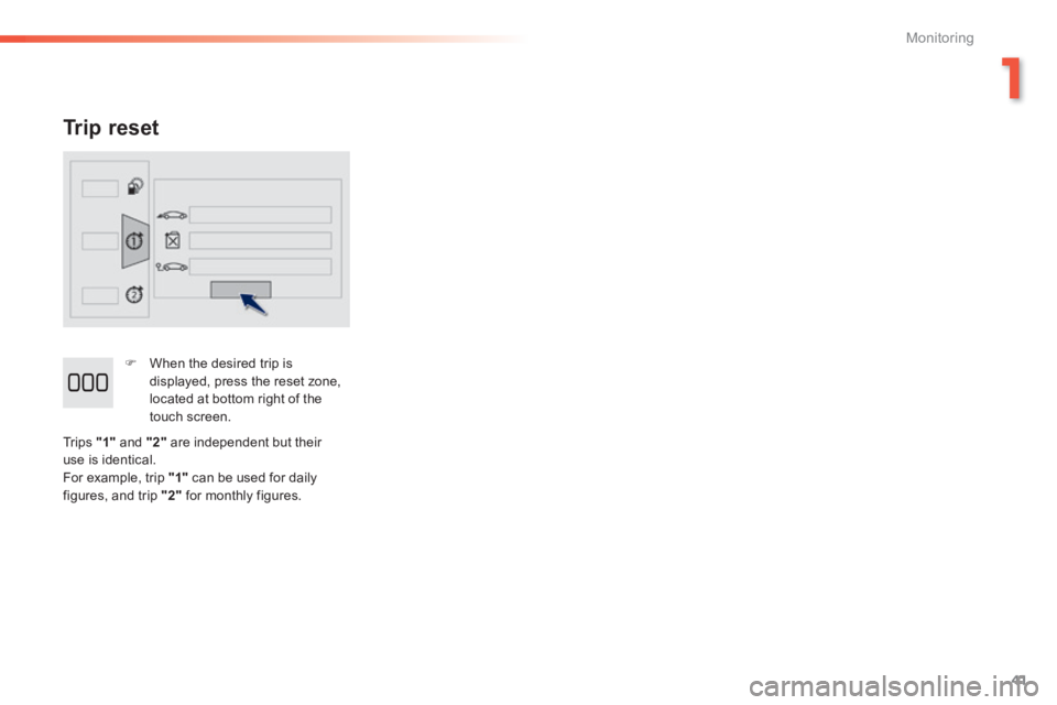 PEUGEOT 2008 2014 Service Manual 1
41
Monitoring
  Trip  reset 
   When the desired trip is displayed, press the reset zone, located at bottom right of the touch  screen.  
 Tr i p s    "1"  and  "2"  are independent but their use