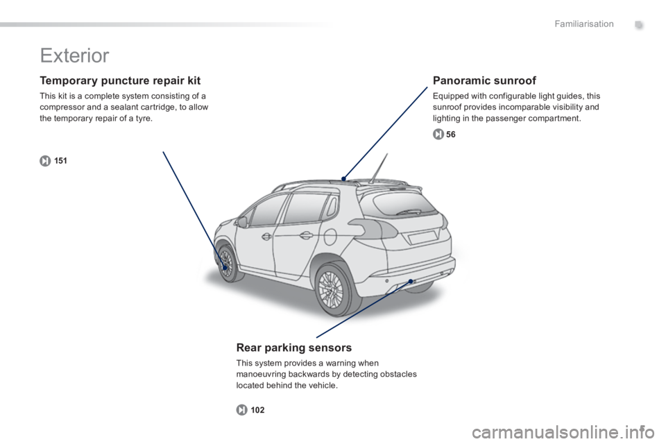 PEUGEOT 2008 2014  Owners Manual .
5
15156
102
Familiarisation
  Temporary puncture repair kit 
 This kit is a complete system consisting of a compressor and a sealant cartridge, to allow the temporary repair of a tyre.  
  Panoramic