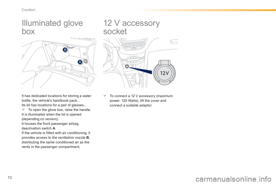 PEUGEOT 2008 2014 Manual PDF 72
Comfort
      12  V  accessory 
socket 
            Illuminated glove 
box 
  It has dedicated locations for storing a water bottle, the vehicles handbook pack...  Its lid has locations for a pair
