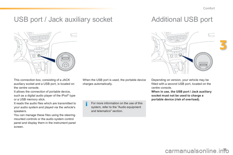 PEUGEOT 2008 2014 Manual PDF 73
3
Comfort
         Additional USB port 
  Depending on version, your vehicle may be fitted with a second USB port, located on the centre console. When in use, the USB por t / Jack auxiliar y socket