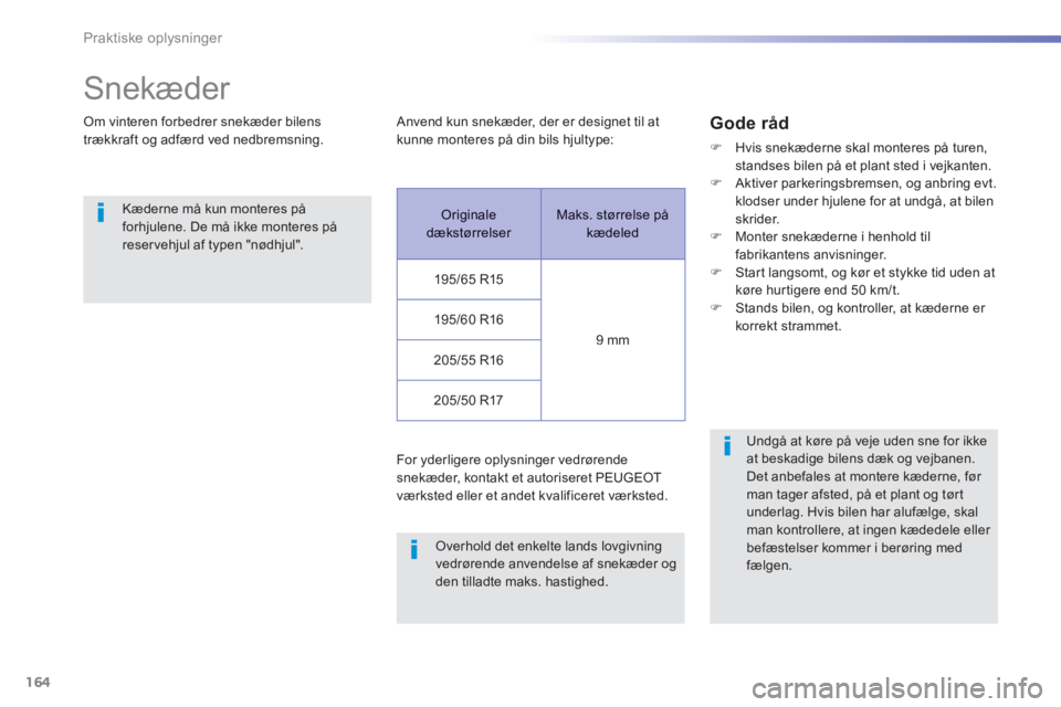 PEUGEOT 2008 2014  Brugsanvisning (in Danish) 164
Praktiske oplysninger
      
Snekæder 
  Om vinteren forbedrer snekæder bilens trækkraft og adfærd ved nedbremsning. 
  Kæderne må kun monteres på forhjulene. De må ikke monteres på reser