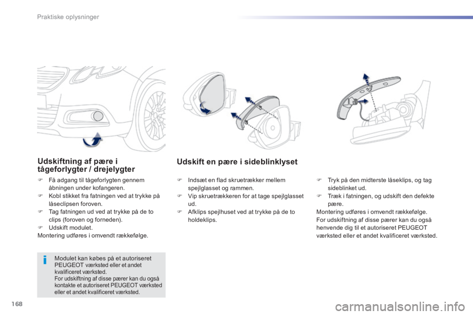 PEUGEOT 2008 2014  Brugsanvisning (in Danish) 168
Praktiske oplysninger
Udskiftning af pære i tågeforlygter / drejelygter 
   Få adgang til tågeforlygten gennem åbningen under kofangeren.    Kobl stikket fra fatningen ved at trykke på