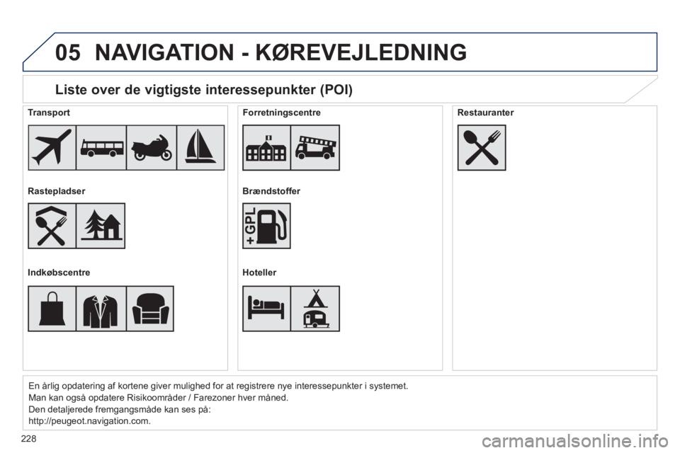 PEUGEOT 2008 2014 Brugsanvisning (in Danish) 05
228
Liste over de vigtigste interessepunkter (POI)
En årlig opdatering af kortene giver mulighed for at registrere nye i\
nteressepunkter i systemet.
Man kan også opdatere Risikoområder / F PEUGEOT 2008 2014 Brugsanvisning (in Danish) 05
228
Liste over de vigtigste interessepunkter (POI)
En årlig opdatering af kortene giver mulighed for at registrere nye i\
nteressepunkter i systemet.
Man kan også opdatere Risikoområder / F