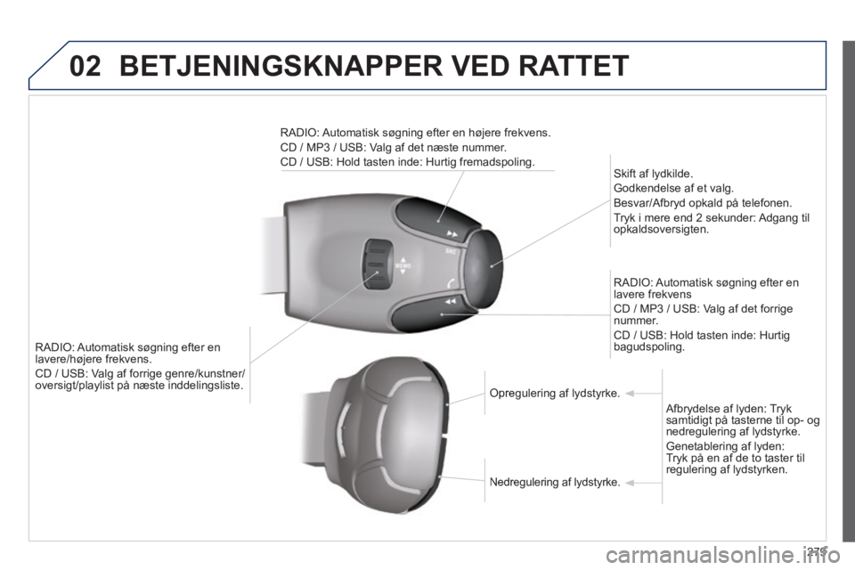 PEUGEOT 2008 2014 Brugsanvisning (in Danish) 02 BETJENINGSKNAPPER VED RATTET
279
RADIO: Automatisk søgning efter en lavere/højere frekvens.
CD / USB: Valg af forrige genre/kunstner/ CD / USB: Valg af forrige genre/kunstner/oversigt/playlist PEUGEOT 2008 2014 Brugsanvisning (in Danish) 02 BETJENINGSKNAPPER VED RATTET
279
RADIO: Automatisk søgning efter en lavere/højere frekvens.
CD / USB: Valg af forrige genre/kunstner/ CD / USB: Valg af forrige genre/kunstner/oversigt/playlist