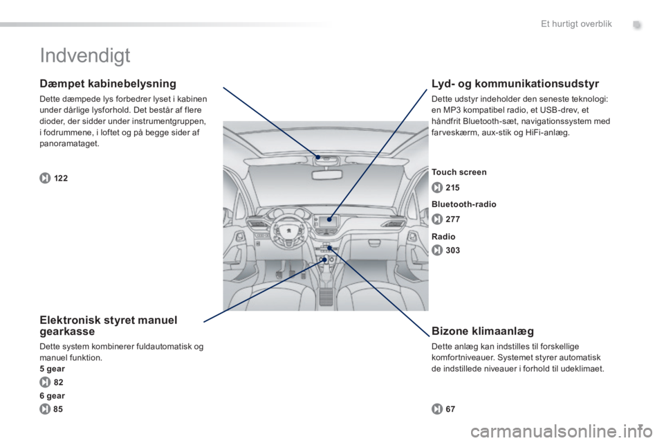 PEUGEOT 2008 2014  Brugsanvisning (in Danish) .
7
82 122277 215
303
85 67
Et hurtigt overblik
 Indvendigt  
  Elektronisk  styret  manuel gearkasse 
 Dette system kombinerer fuldautomatisk og manuel funktion. 5 gear
  Dæmpet  kabinebelysning 
 D