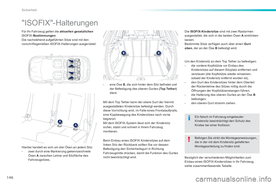 PEUGEOT 2008 2014 Betriebsanleitungen (in German) 146
Sicherheit
Für Ihr Fahrzeug gelten die aktuellen gesetzlichenISOFIX- Bestimmungen . Die nachstehend aufgeführ ten Sitze sind mit den vorschriftsgemäßen ISOFIX-Halterungen ausgerüstet:
PEUGEOT 2008 2014 Betriebsanleitungen (in German) 146
Sicherheit
Für Ihr Fahrzeug gelten die aktuellen gesetzlichenISOFIX- Bestimmungen . Die nachstehend aufgeführ ten Sitze sind mit den vorschriftsgemäßen ISOFIX-Halterungen ausgerüstet: