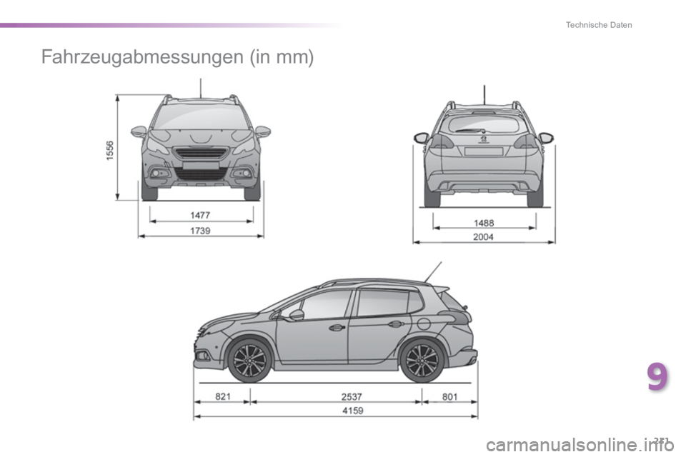 PEUGEOT 2008 2014 Betriebsanleitungen (in German) 9
211
Technische Daten
Fahrzeugabmessungen (in mm) PEUGEOT 2008 2014 Betriebsanleitungen (in German) 9
211
Technische Daten
Fahrzeugabmessungen (in mm)