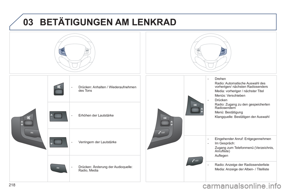 PEUGEOT 2008 2014  Betriebsanleitungen (in German) 03
�� �
218
   -   Drücken:  Anhalten  /  Wiederaufnehmen des  Tons  
   -   Erhöhen  der  Lautstärke  
   -   Verringern  der  Lautstärke  
   -   Drücken:  Änderung  der  Audioquelle: Radio,  