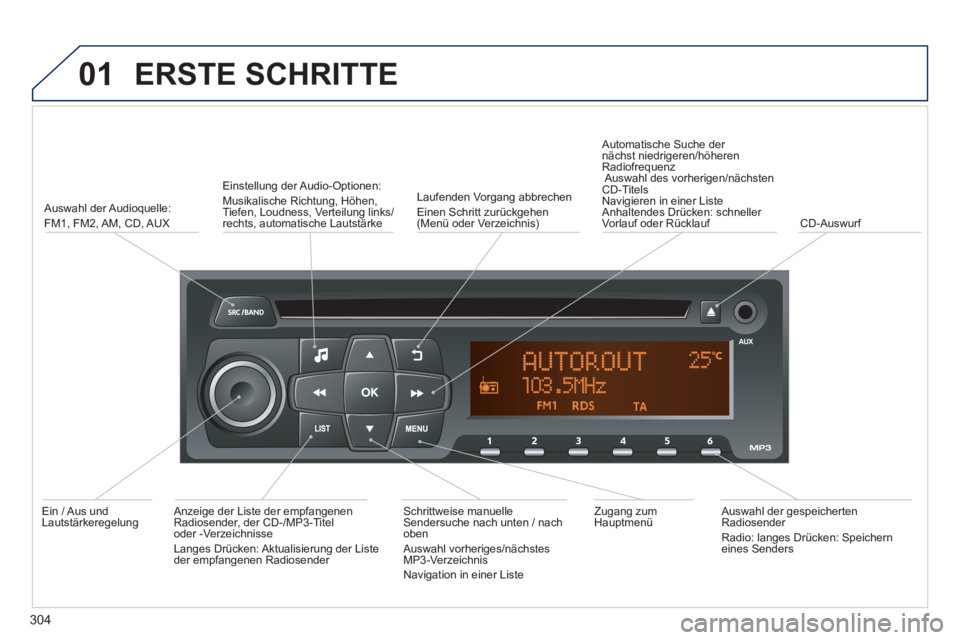 PEUGEOT 2008 2014  Betriebsanleitungen (in German) 01 ERSTE  SCHRITTE 
304
  Auswahl  der  Audioquelle:  FM1,  FM2, AM,  CD, AUX  
  Einstellung  der  Audio-Optionen:  Musikalische Richtung, Höhen, Tiefen, Loudness, Verteilung links/rechts, automatis