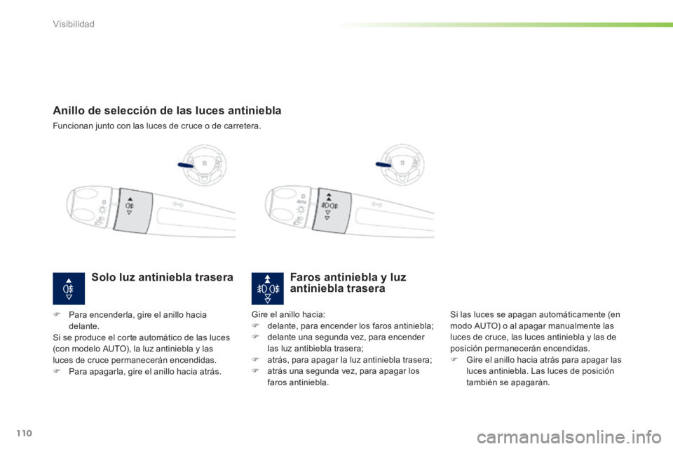 PEUGEOT 2008 2014 Manual del propietario (in Spanish) 110
Visibilidad
Anillo de selección de las luces antiniebla
Funcionan junto con las luces de cruce o de carretera.
Faros antiniebla y luz antiniebla trasera
Si las luces se apag PEUGEOT 2008 2014 Manual del propietario (in Spanish) 110
Visibilidad
Anillo de selección de las luces antiniebla
Funcionan junto con las luces de cruce o de carretera.
Faros antiniebla y luz antiniebla trasera
Si las luces se apag
