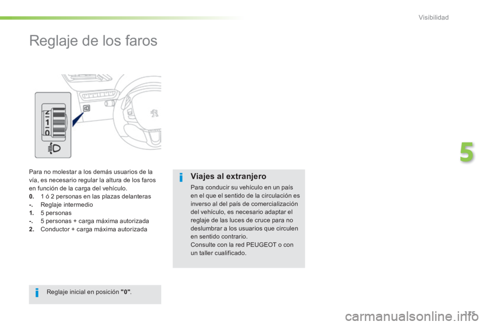 PEUGEOT 2008 2014 Manual del propietario (in Spanish) 115
5
Visibilidad
Reglaje de los faros
Para no molestar a los demás usuarios de la vía, es necesario regular la altura de los faros en función de la carga del vehículo. 0. 1 ó 2 pers PEUGEOT 2008 2014 Manual del propietario (in Spanish) 115
5
Visibilidad
Reglaje de los faros
Para no molestar a los demás usuarios de la vía, es necesario regular la altura de los faros en función de la carga del vehículo. 0. 1 ó 2 pers