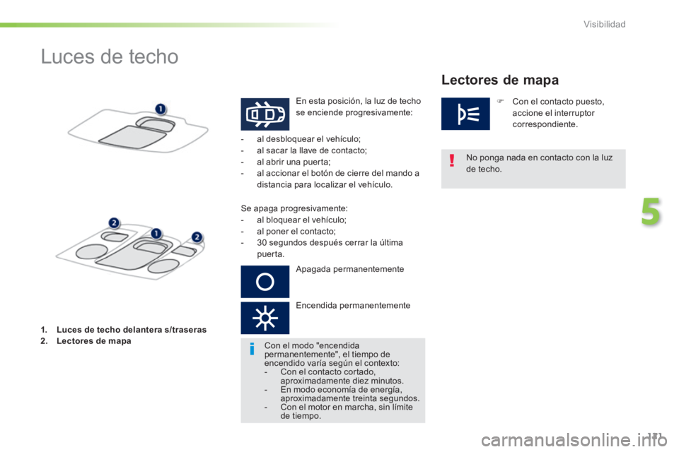 PEUGEOT 2008 2014 Manual del propietario (in Spanish) 121
5
Visibilidad
Luces de techo
En esta posición, la luz de techo se enciende progresivamente:
No ponga nada en contacto con la luz
de techo.
- al desbloquear el vehíc PEUGEOT 2008 2014 Manual del propietario (in Spanish) 121
5
Visibilidad
Luces de techo
En esta posición, la luz de techo se enciende progresivamente:
No ponga nada en contacto con la luz
de techo.
- al desbloquear el vehíc