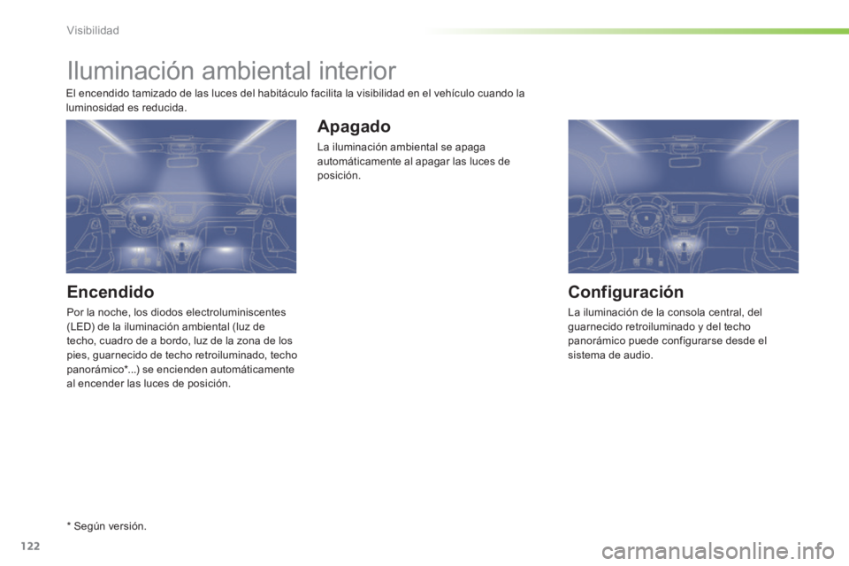PEUGEOT 2008 2014 Manual del propietario (in Spanish) 122
Visibilidad
Iluminación ambiental interior
Encendido
Por la noche, los diodos electroluminiscentes (LED) de la iluminación ambiental (luz de techo, cuadro de a bordo, luz de la zon PEUGEOT 2008 2014 Manual del propietario (in Spanish) 122
Visibilidad
Iluminación ambiental interior
Encendido
Por la noche, los diodos electroluminiscentes (LED) de la iluminación ambiental (luz de techo, cuadro de a bordo, luz de la zon