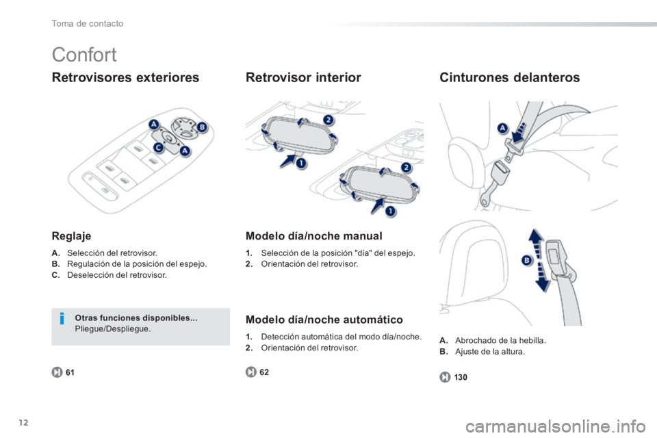 PEUGEOT 2008 2014  Manual del propietario (in Spanish) 12
6162
130
Toma de contacto
 Confort 
  Retrovisores  exteriores 
  Reglaje 
A.   Selección del retrovisor. B.   Regulación de la posición del espejo. C.   Deselección  del  retrovisor.   
Otras 