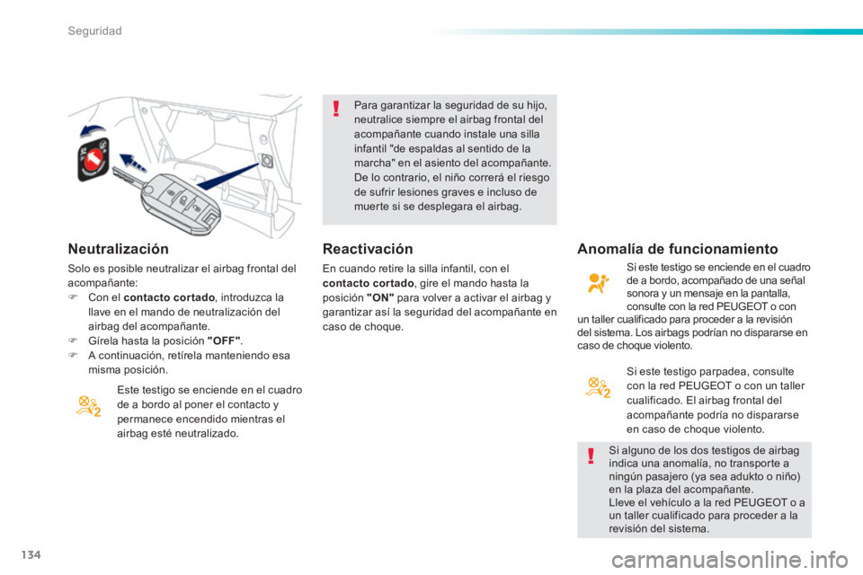 PEUGEOT 2008 2014 Manual del propietario (in Spanish) 134
Seguridad
Neutralización
Este testigo se enciende en el cuadro de a bordo al poner el contacto y permanece encendido mientras el airbag esté neutralizado.
Para garantizar la seguridad d PEUGEOT 2008 2014 Manual del propietario (in Spanish) 134
Seguridad
Neutralización
Este testigo se enciende en el cuadro de a bordo al poner el contacto y permanece encendido mientras el airbag esté neutralizado.
Para garantizar la seguridad d