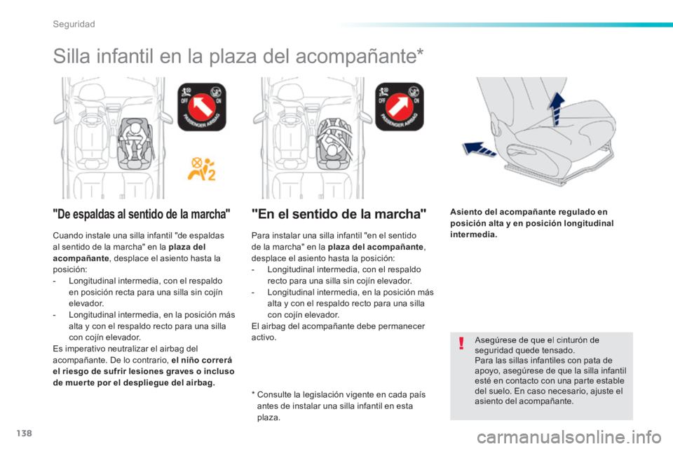 PEUGEOT 2008 2014 Manual del propietario (in Spanish) 138
Seguridad
Asegúrese de que el cinturón de seguridad quede tensado. Para las sillas infantiles con pata de apoyo, asegúrese de que la silla infantil esté en contacto con una parte estable de PEUGEOT 2008 2014 Manual del propietario (in Spanish) 138
Seguridad
Asegúrese de que el cinturón de seguridad quede tensado. Para las sillas infantiles con pata de apoyo, asegúrese de que la silla infantil esté en contacto con una parte estable de