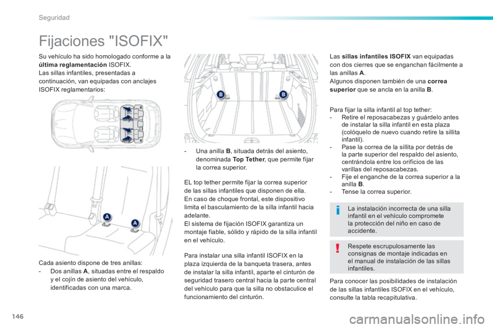 PEUGEOT 2008 2014 Manual del propietario (in Spanish) 146
Seguridad
Su vehículo ha sido homologado conforme a la última reglamentación ISOFIX. Las sillas infantiles, presentadas a continuación, van equipadas con anclajes ISOFIX reglamentarios: PEUGEOT 2008 2014 Manual del propietario (in Spanish) 146
Seguridad
Su vehículo ha sido homologado conforme a la última reglamentación ISOFIX. Las sillas infantiles, presentadas a continuación, van equipadas con anclajes ISOFIX reglamentarios: