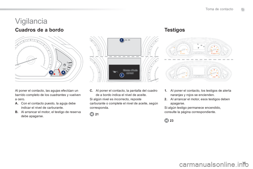 PEUGEOT 2008 2014  Manual del propietario (in Spanish) .
15
23
21
Toma de contacto
 Vigilancia 
 Al poner el contacto, las agujas efectúan un barrido completo de los cuadrantes y vuelven a cero. A.   Con el contacto puesto, la aguja debe indicar el nivel