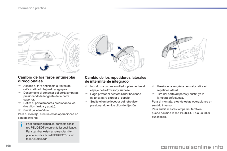 PEUGEOT 2008 2014 Manual del propietario (in Spanish) 168
Información práctica
Cambio de los faros antiniebla/direccionales
Acceda al faro antiniebla a través del orificio situado bajo el paragolpes. Desconecte el conector del portalámpa PEUGEOT 2008 2014 Manual del propietario (in Spanish) 168
Información práctica
Cambio de los faros antiniebla/direccionales
Acceda al faro antiniebla a través del orificio situado bajo el paragolpes. Desconecte el conector del portalámpa