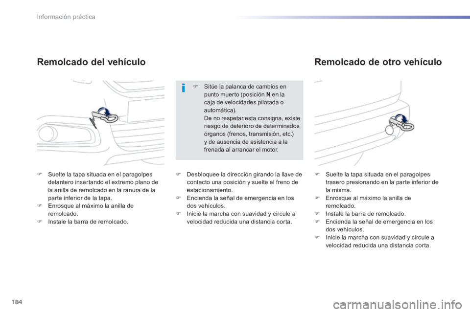 PEUGEOT 2008 2014 Manual del propietario (in Spanish) 184
Información práctica
Remolcado del vehículo Remolcado de otro vehículo
Suelte la tapa situada en el paragolpes delantero insertando el extremo plano de la anilla de remolcado en l PEUGEOT 2008 2014 Manual del propietario (in Spanish) 184
Información práctica
Remolcado del vehículo Remolcado de otro vehículo
Suelte la tapa situada en el paragolpes delantero insertando el extremo plano de la anilla de remolcado en l
