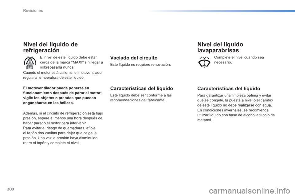 PEUGEOT 2008 2014 Manual del propietario (in Spanish) 200
Revisiones
Nivel del lÃquido de
refrigeración
El nivel de este lÃquido debe estar cerca de la marca "MA XI" sin llegar a sobrepasarla nunca.
Además, si el circuito de refrigeración està PEUGEOT 2008 2014 Manual del propietario (in Spanish) 200
Revisiones
Nivel del lÃquido de
refrigeración
El nivel de este lÃquido debe estar cerca de la marca "MA XI" sin llegar a sobrepasarla nunca.
Además, si el circuito de refrigeración estÃ