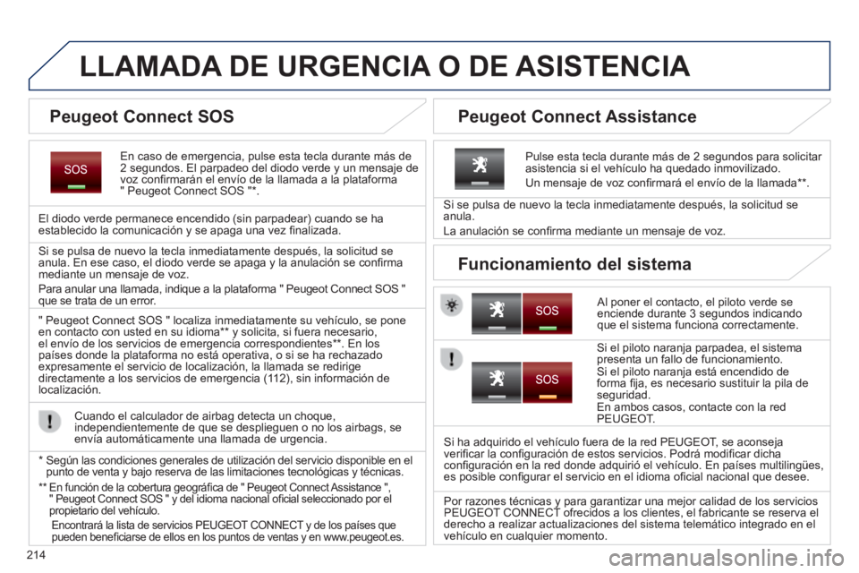 PEUGEOT 2008 2014 Manual del propietario (in Spanish) 214
LLAMADA DE URGENCIA O DE ASISTENCIA
En caso de emergencia, pulse esta tecla durante más de 2 segundos. El parpadeo del diodo verde y un mensaje de voz confi rmarán el envío de la llamada a PEUGEOT 2008 2014 Manual del propietario (in Spanish) 214
LLAMADA DE URGENCIA O DE ASISTENCIA
En caso de emergencia, pulse esta tecla durante más de 2 segundos. El parpadeo del diodo verde y un mensaje de voz confi rmarán el envío de la llamada a