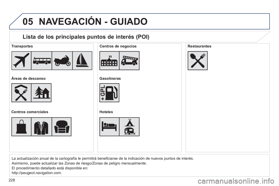 PEUGEOT 2008 2014 Manual del propietario (in Spanish) 05
228
Lista de los principales puntos de interés (POI)
La actualización anual de la cartografía le permitirá benefi ciarse de la indicación de nuevos puntos de interés.
Asimismo, puede ac PEUGEOT 2008 2014 Manual del propietario (in Spanish) 05
228
Lista de los principales puntos de interés (POI)
La actualización anual de la cartografía le permitirá benefi ciarse de la indicación de nuevos puntos de interés.
Asimismo, puede ac