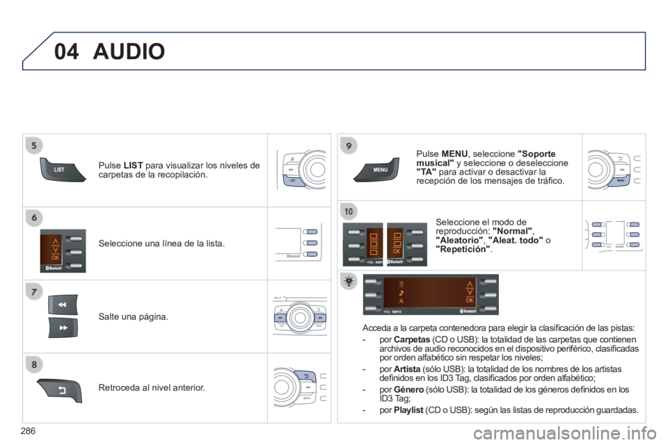 PEUGEOT 2008 2014 Manual del propietario (in Spanish) 04
286
Seleccione una línea de la lista.
Salte una página.
Pulse MENU , seleccione "Soporte musical" y seleccione o deseleccione "TA" para activar o desactivar la recepción de los PEUGEOT 2008 2014 Manual del propietario (in Spanish) 04
286
Seleccione una línea de la lista.
Salte una página.
Pulse MENU , seleccione "Soporte musical" y seleccione o deseleccione "TA" para activar o desactivar la recepción de los