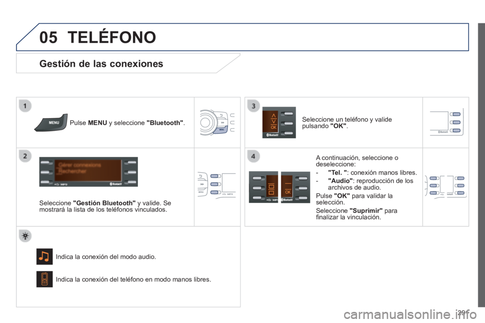 PEUGEOT 2008 2014 Manual del propietario (in Spanish) 05
291
TELÉFONO
Pulse MENU y seleccione "Bluetooth" .
Seleccione "Gestión Bluetooth" y valide. Se mostrará la lista de los teléfonos vinculados.
Indica la conexión del modo a PEUGEOT 2008 2014 Manual del propietario (in Spanish) 05
291
TELÉFONO
Pulse MENU y seleccione "Bluetooth" .
Seleccione "Gestión Bluetooth" y valide. Se mostrará la lista de los teléfonos vinculados.
Indica la conexión del modo a