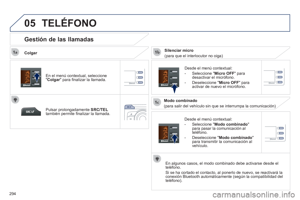 PEUGEOT 2008 2014 Manual del propietario (in Spanish) 05
294
TELÉFONO
Colgar
Desde el menú contextual:
- Seleccione " Modo combinado " para pasar la comunicación al teléfono.
- Deseleccione " Modo combinado " para transmitir la com PEUGEOT 2008 2014 Manual del propietario (in Spanish) 05
294
TELÉFONO
Colgar
Desde el menú contextual:
- Seleccione " Modo combinado " para pasar la comunicación al teléfono.
- Deseleccione " Modo combinado " para transmitir la com