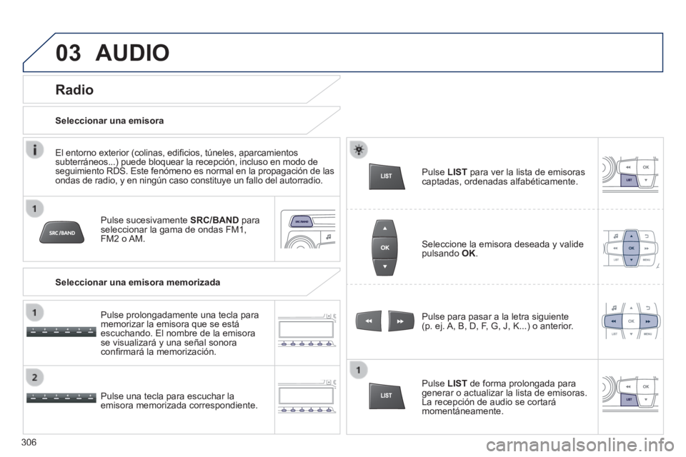 PEUGEOT 2008 2014 Manual del propietario (in Spanish) 03 AUDIO
Pulse sucesivamente SRC/BAND para seleccionar la gama de ondas FM1, FM2 o AM.
Pulse una tecla para escuchar la emisora memorizada correspondiente.
Pulse para pasar a la letr PEUGEOT 2008 2014 Manual del propietario (in Spanish) 03 AUDIO
Pulse sucesivamente SRC/BAND para seleccionar la gama de ondas FM1, FM2 o AM.
Pulse una tecla para escuchar la emisora memorizada correspondiente.
Pulse para pasar a la letr