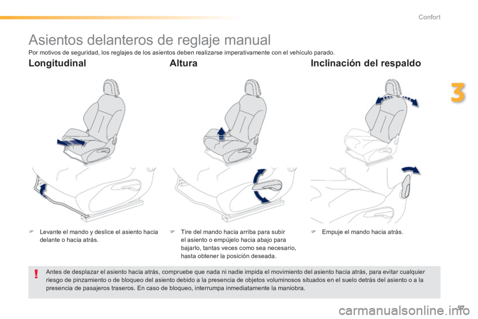 PEUGEOT 2008 2014  Manual del propietario (in Spanish) 57
3
Confort
         Asientos delanteros de reglaje manual  
   Levante el mando y deslice el asiento hacia delante o hacia atrás.      Tire del mando hacia arriba para subir el asiento o emp