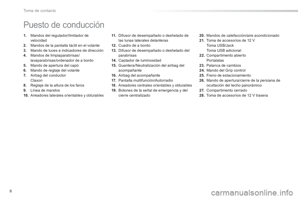 PEUGEOT 2008 2014 Manual del propietario (in Spanish) 8Toma de contacto
11. Difusor de desempañado o deshelado de las lunas laterales delanteras 12 . Cuadro de a bordo 13. Difusor de desempañado o deshelado del parabrisas 14 . Captador de lumin PEUGEOT 2008 2014 Manual del propietario (in Spanish) 8Toma de contacto
11. Difusor de desempañado o deshelado de las lunas laterales delanteras 12 . Cuadro de a bordo 13. Difusor de desempañado o deshelado del parabrisas 14 . Captador de lumin