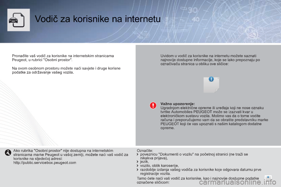 PEUGEOT 2008 2014  Upute Za Rukovanje (in Croatian)    Na ovom osobnom prostoru možete naći savjete i druge korisne podatke za održavanje vašeg vozila.   
 Vodič za korisnike na internetu  
  Pronađite vaš vodič za korisnike na internetskim str
