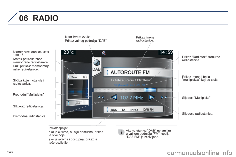 PEUGEOT 2008 2014  Upute Za Rukovanje (in Croatian) 06
246
  Prikaz opcija:  
ako je aktivna, ali nije dostupna, prikaz je sive boje,  
ako je aktivna i dostupna, prikaz je jače osvijetljen.  
  Prikaz imena i broja "multipleksa" koji se sluš